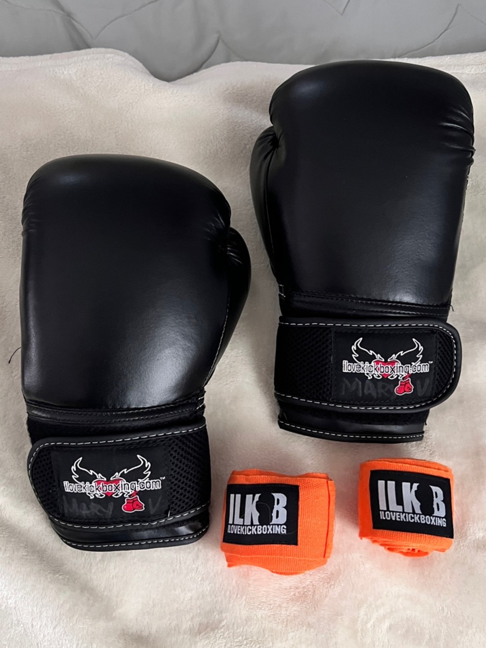 ILoveKickBoxing Black Boxing Gloves with Orange Hand Wraps